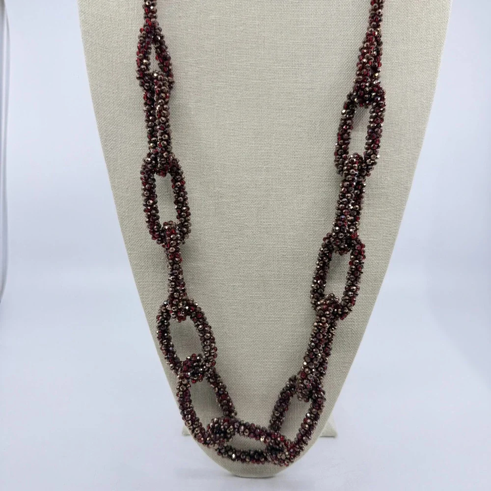 Red Bronze Tone Faceted Bead Woven Chain Link Long Necklace Statement Jewelry